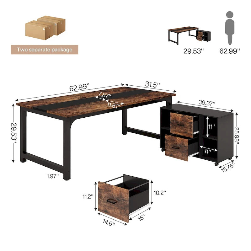Bureau de direction de 160 cm avec classeur latéral de 100 cm