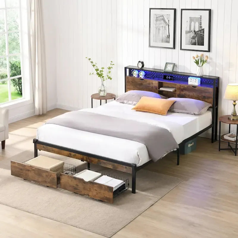 Lit plate-forme double en métal avec tête de lit en bois, tiroirs et lumières LED
