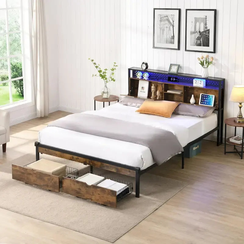 Lit plate-forme double en métal avec tête de lit en bois, tiroirs et lumières LED