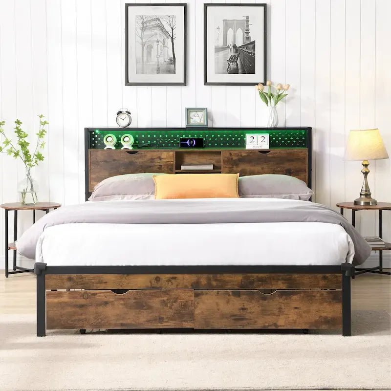 Lit plate-forme double en métal avec tête de lit en bois, tiroirs et lumières LED