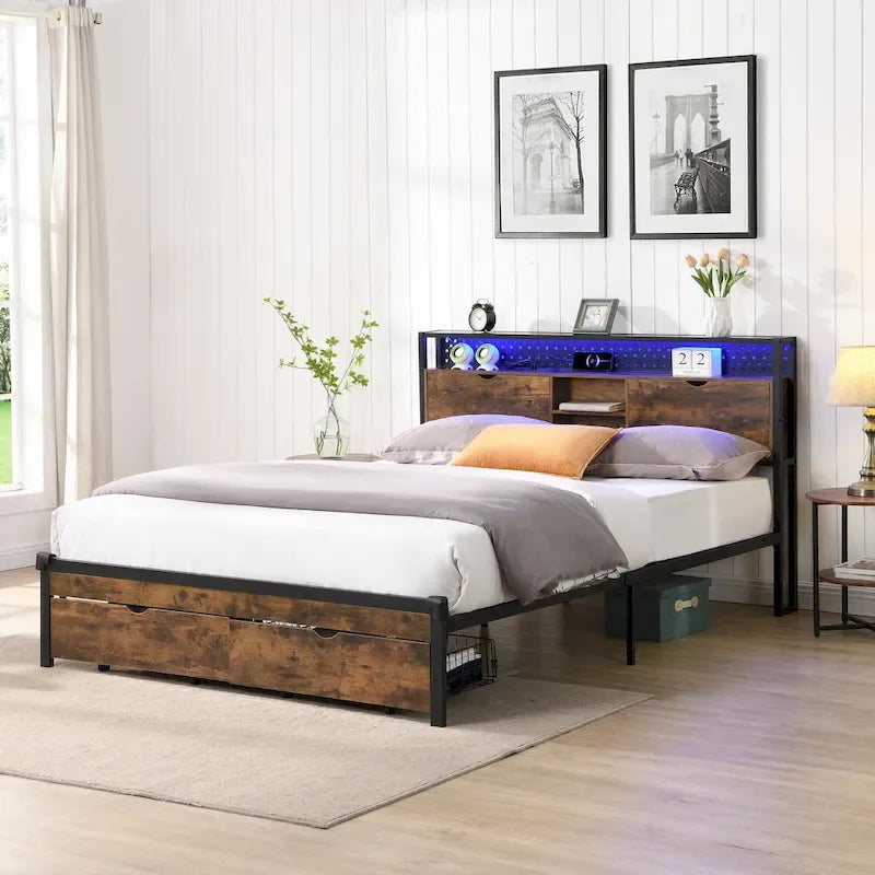 Lit plate-forme double en métal avec tête de lit en bois, tiroirs et lumières LED