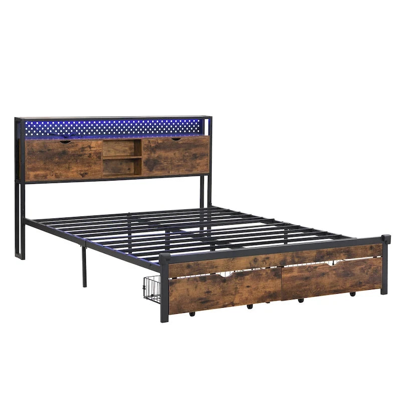 Lit plate-forme double en métal avec tête de lit en bois, tiroirs et lumières LED