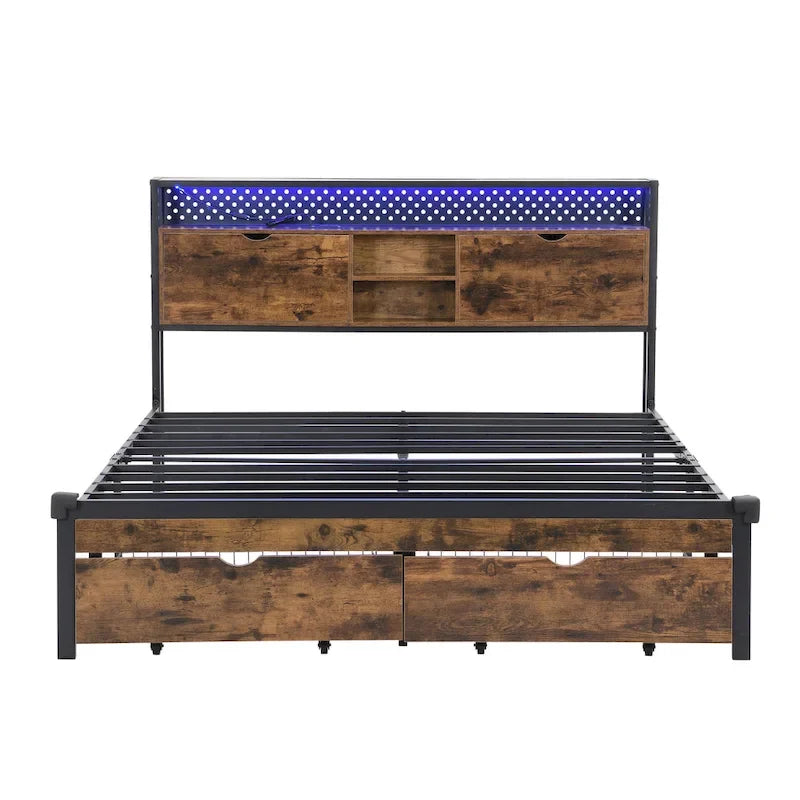 Lit plate-forme double en métal avec tête de lit en bois, tiroirs et lumières LED
