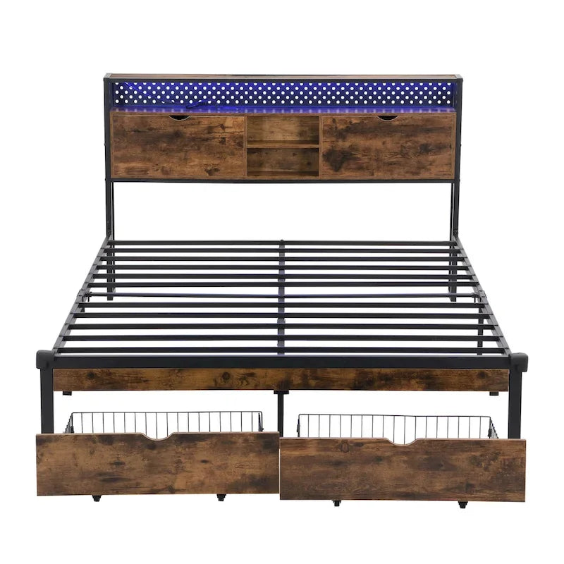 Lit plate-forme double en métal avec tête de lit en bois, tiroirs et lumières LED