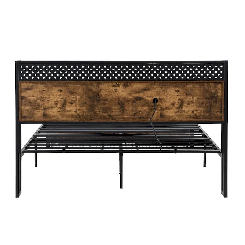 Lit plate-forme double en métal avec tête de lit en bois, tiroirs et lumières LED