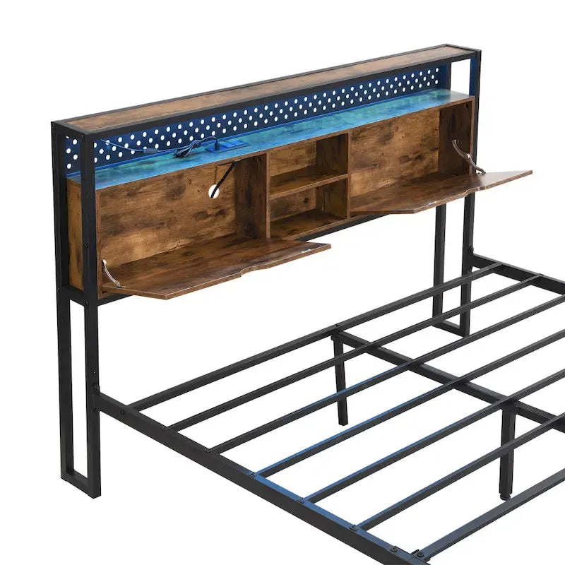 Lit plate-forme double en métal avec tête de lit en bois, tiroirs et lumières LED