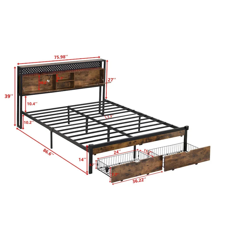Lit plate-forme double en métal avec tête de lit en bois, tiroirs et lumières LED