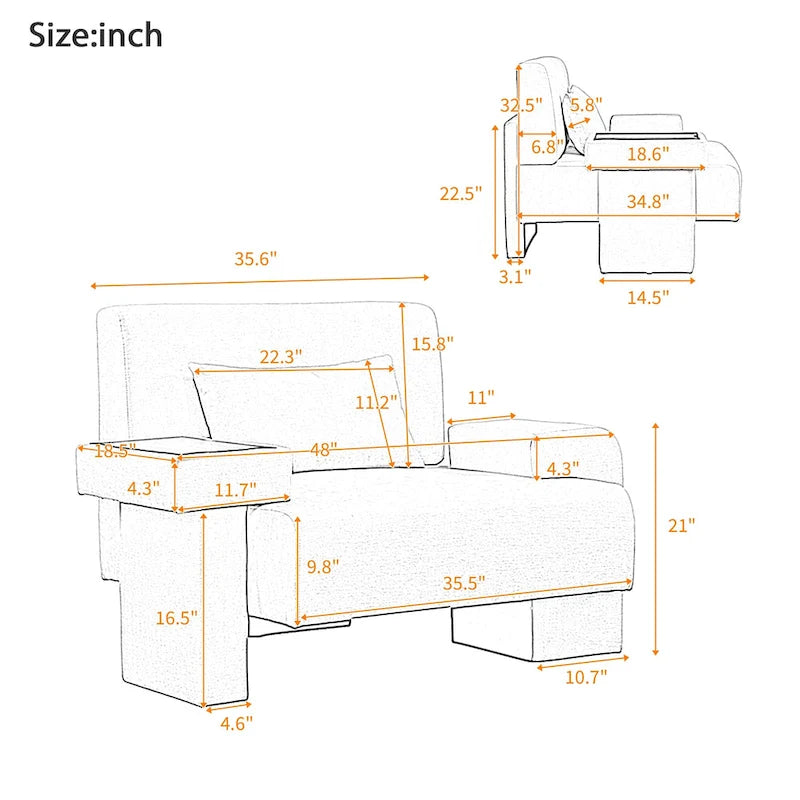 Fauteuil surdimensionné en polyester avec rangement Accoudoir asymétrique et chaise moderne du milieu du siècle, capacité de 102 kg
