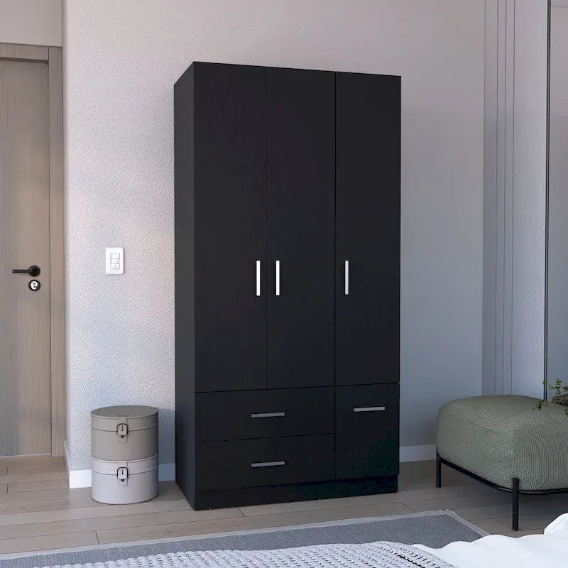 18.7 Armoire moderne à quatre portes avec tringle, deux tiroirs et 6 étagères