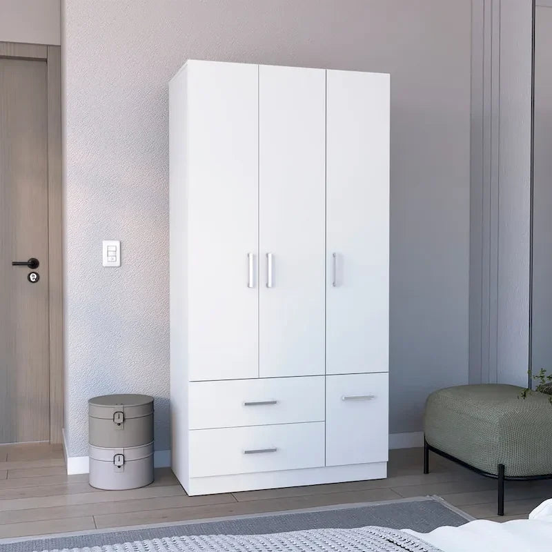 18.7 Armoire moderne à quatre portes avec tringle, deux tiroirs et 6 étagères