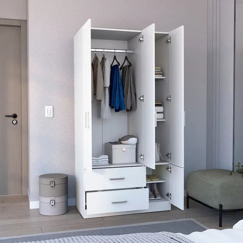 18.7 Armoire moderne à quatre portes avec tringle, deux tiroirs et 6 étagères