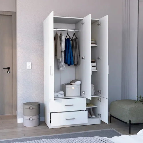 18.7 Armoire moderne à quatre portes avec tringle, deux tiroirs et 6 étagères