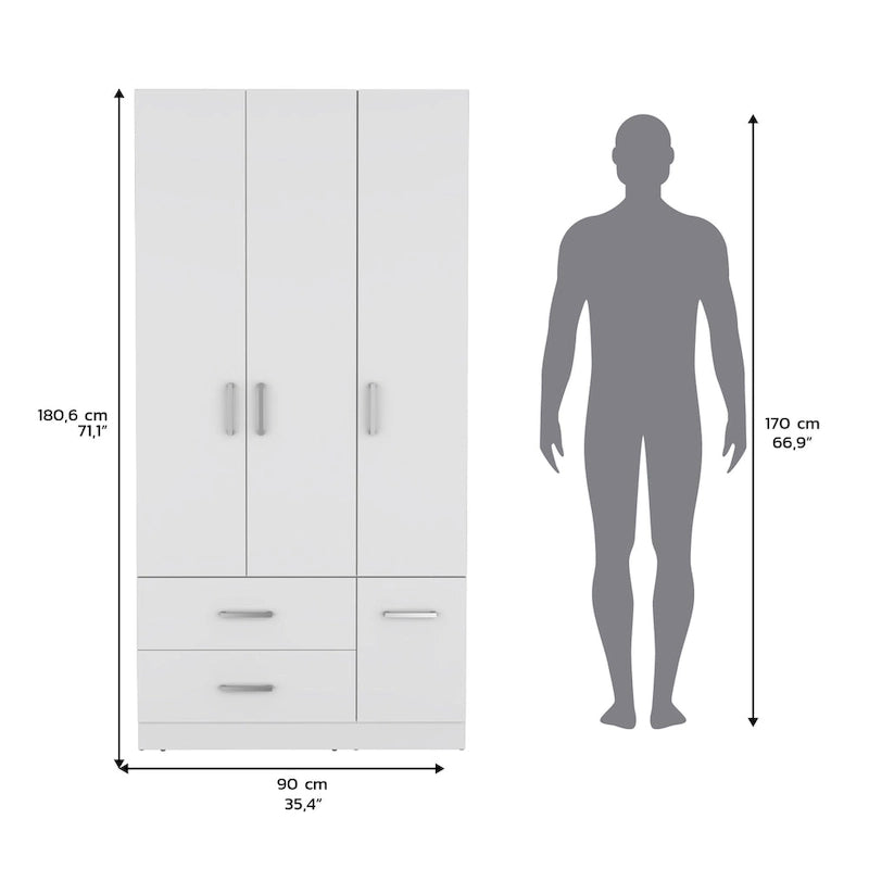 18.7 Armoire moderne à quatre portes avec tringle, deux tiroirs et 6 étagères
