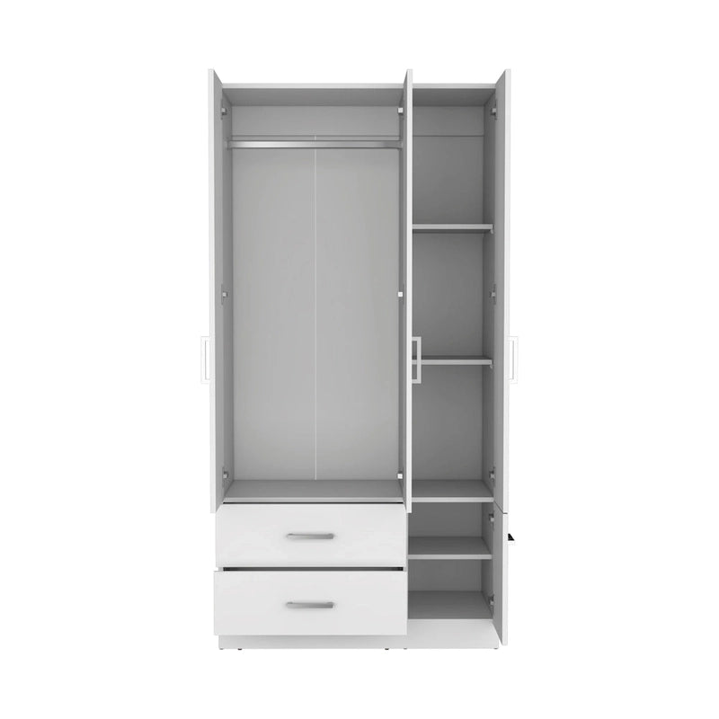 18.7 Armoire moderne à quatre portes avec tringle, deux tiroirs et 6 étagères