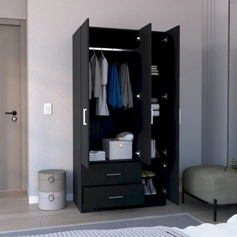 18.7 Armoire moderne à quatre portes avec tringle, deux tiroirs et 6 étagères