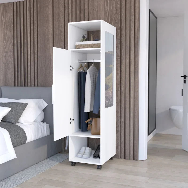 15.7 Armoire miroir moderne avec trois étagères, roulettes et tringle de suspension