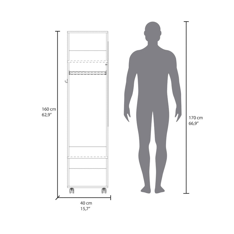 15.7 Armoire miroir moderne avec trois étagères, roulettes et tringle de suspension
