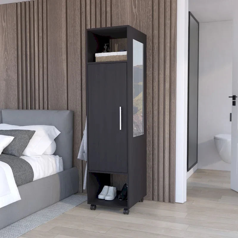 15.7 Armoire miroir moderne avec trois étagères, roulettes et tringle de suspension