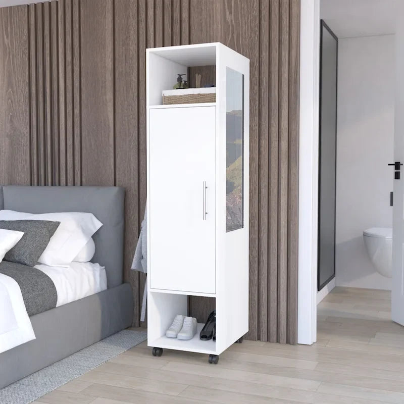 15.7 Armoire miroir moderne avec trois étagères, roulettes et tringle de suspension