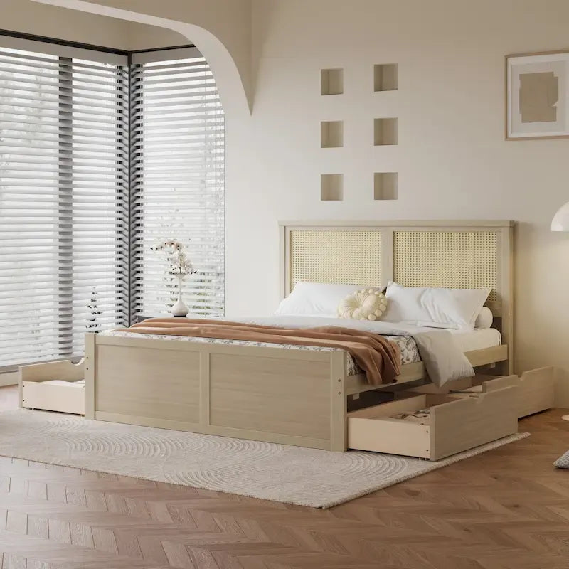 Lit plateforme de rangement pleine grandeur en bois naturel antique