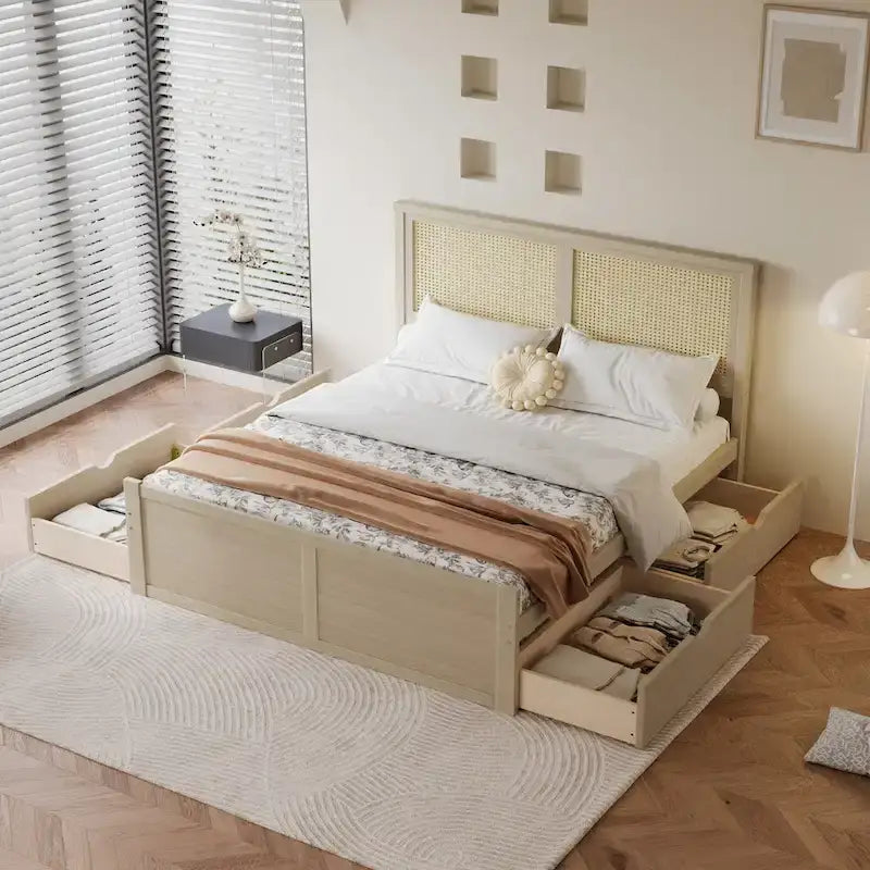 Lit plateforme de rangement pleine grandeur en bois naturel antique