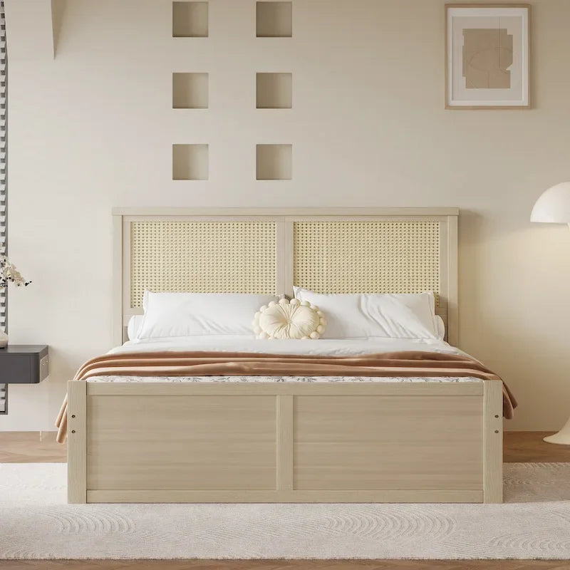 Lit plateforme de rangement pleine grandeur en bois naturel antique