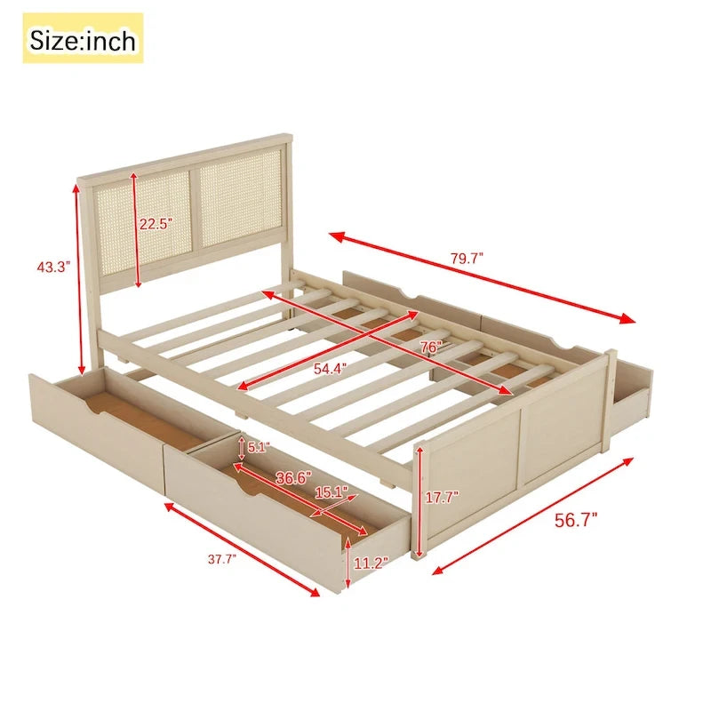 Lit plateforme de rangement pleine grandeur en bois naturel antique