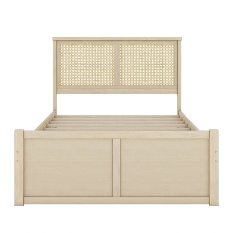Lit plateforme de rangement pleine grandeur en bois naturel antique