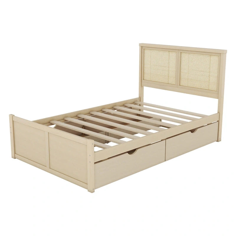 Lit plateforme de rangement pleine grandeur en bois naturel antique