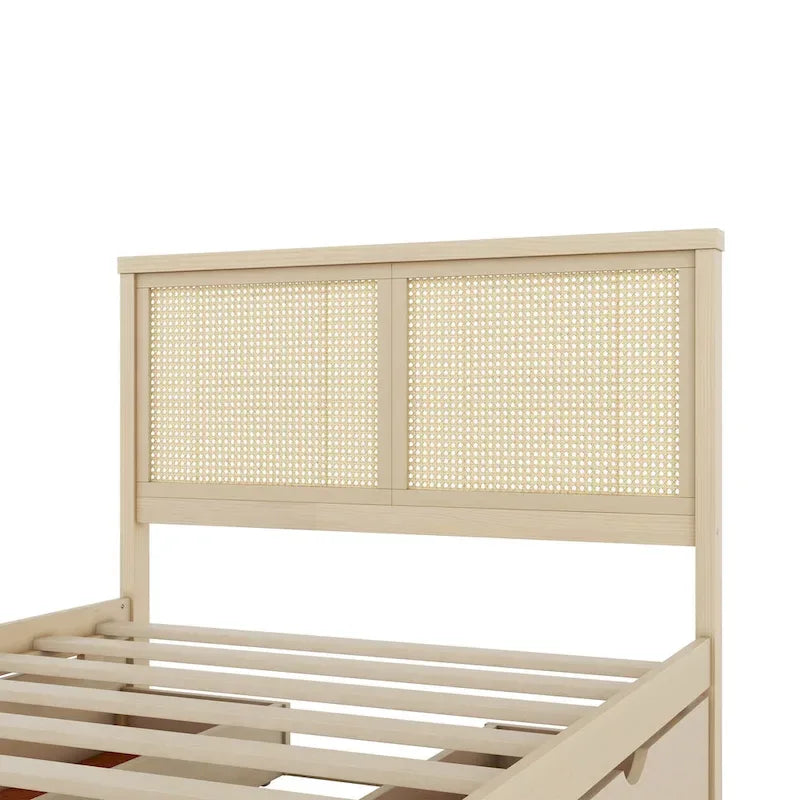 Lit plateforme de rangement pleine grandeur en bois naturel antique