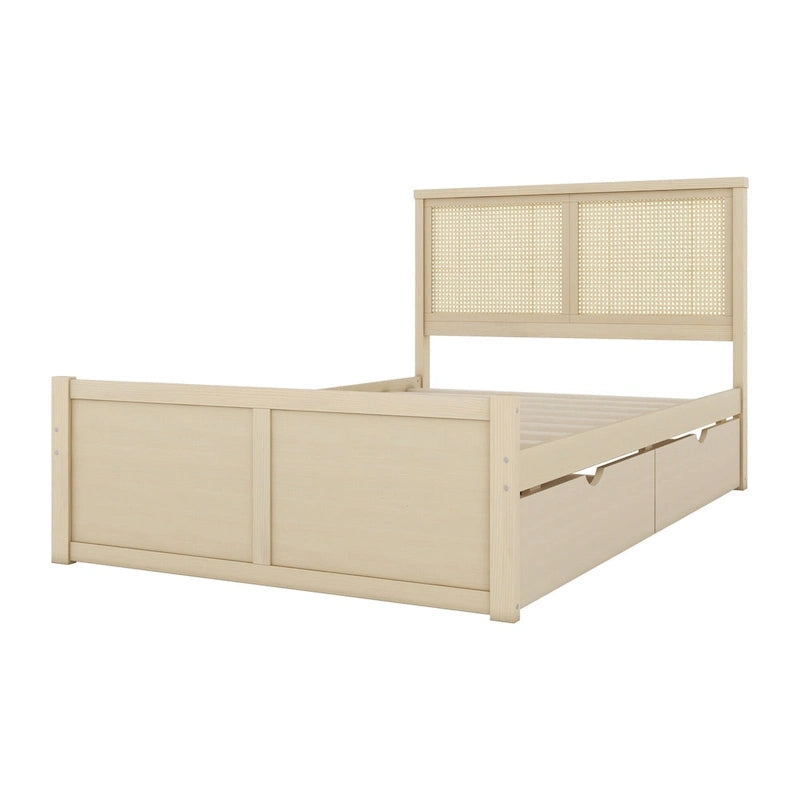 Lit plateforme de rangement pleine grandeur en bois naturel antique