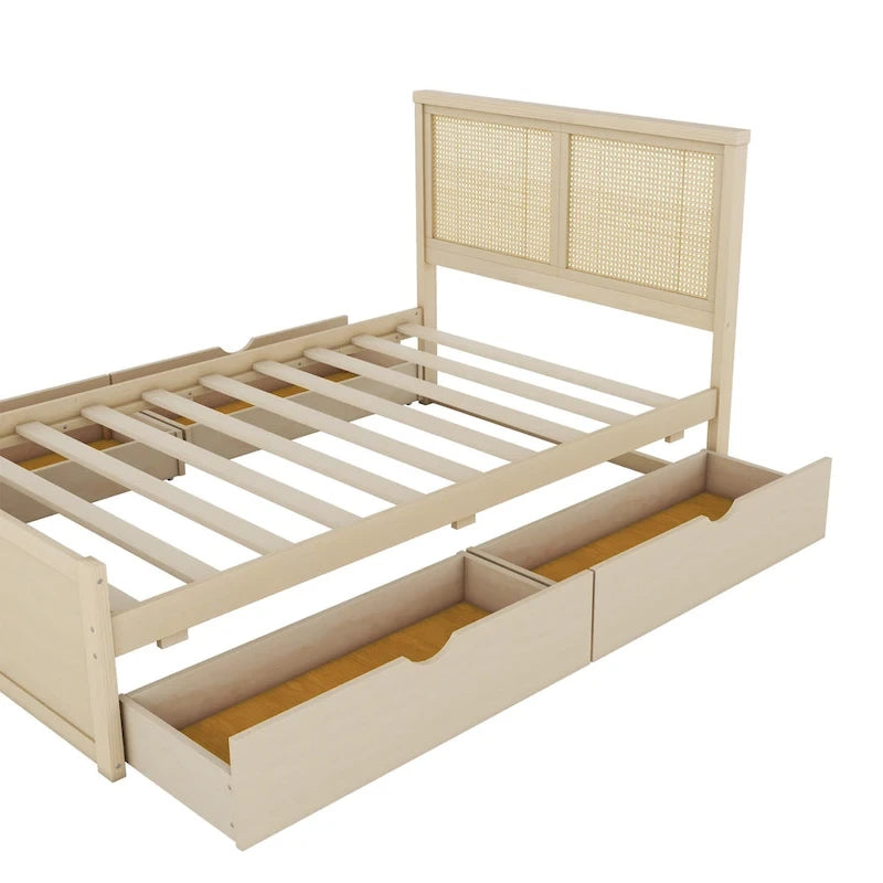 Lit plateforme de rangement pleine grandeur en bois naturel antique