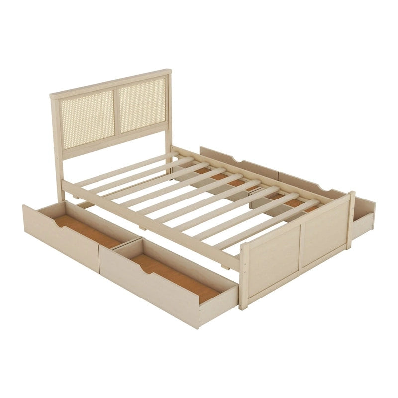 Lit plateforme de rangement pleine grandeur en bois naturel antique