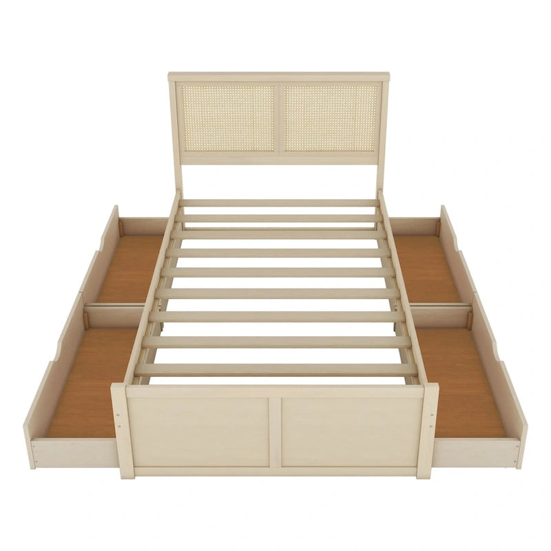 Lit plateforme de rangement pleine grandeur en bois naturel antique