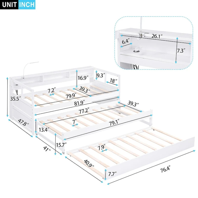 Lit de repos Twin XL avec lits gigognes, étagères et USB