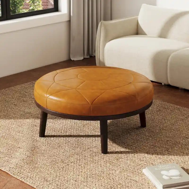 Ottoman en cuir pleine fleur italien de 34,5 pouces de large