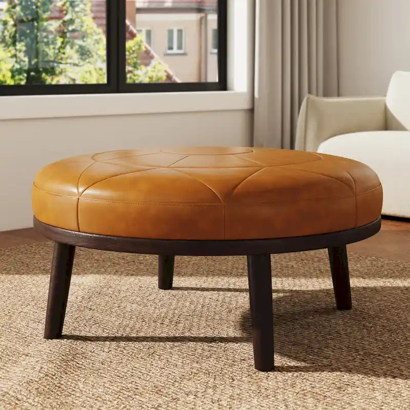 Ottoman en cuir pleine fleur italien de 34,5 pouces de large