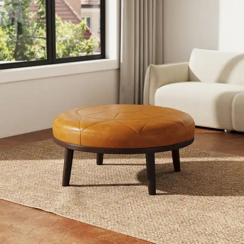 Ottoman en cuir pleine fleur italien de 34,5 pouces de large