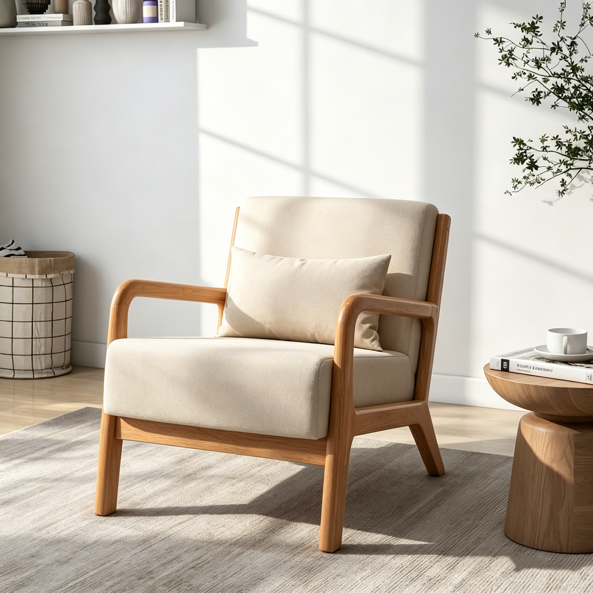 Fauteuil en bois rembourré en tissu de style Mid-Century Modern