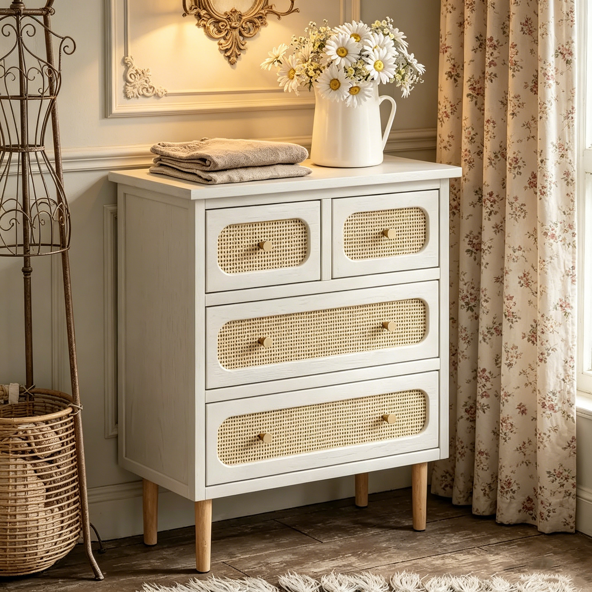 Meuble de rangement en rotin blanc et bois