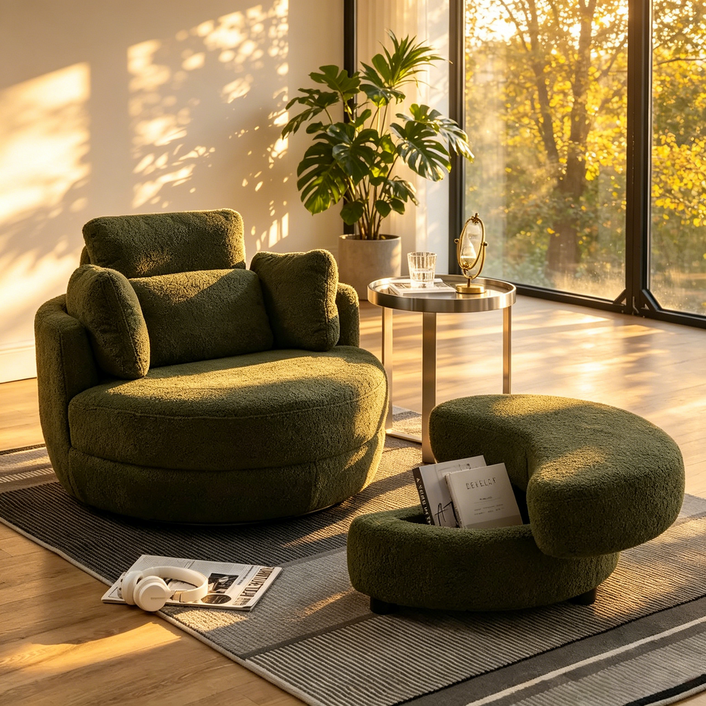 Fauteuil pivotant moderne vert 52 avec pouf de rangement