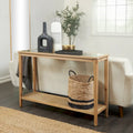 Console en bois naturel fin, 1 étagère, avec plateau en verre et étagère en rotin