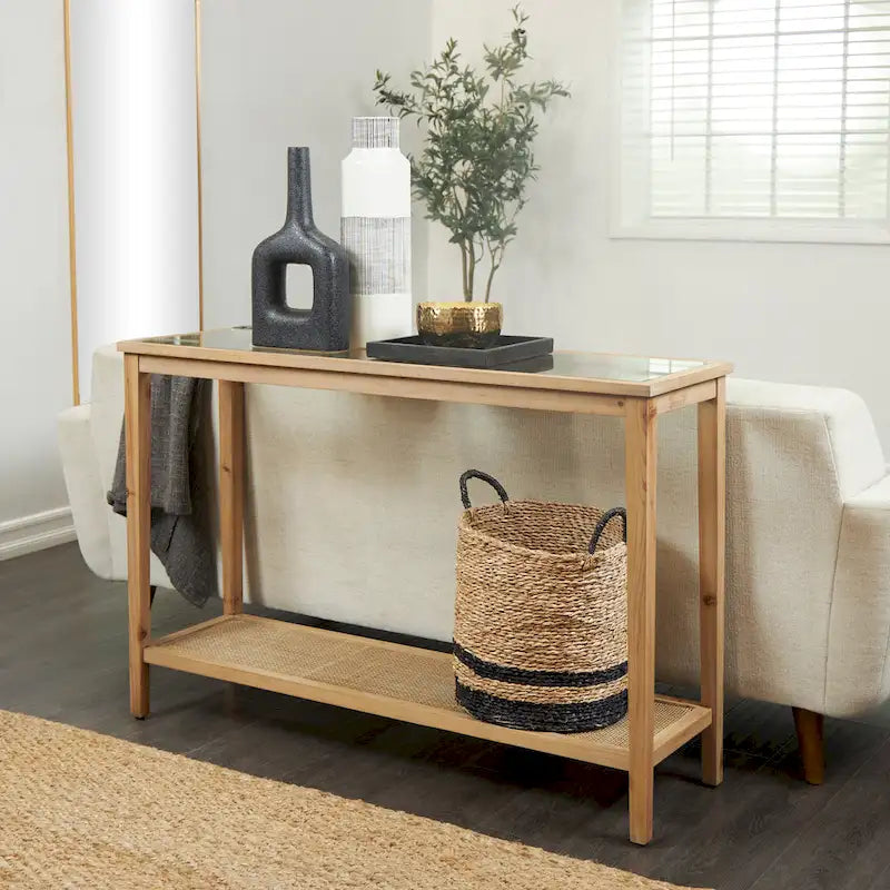 Console en bois naturel fin, 1 étagère, avec plateau en verre et étagère en rotin