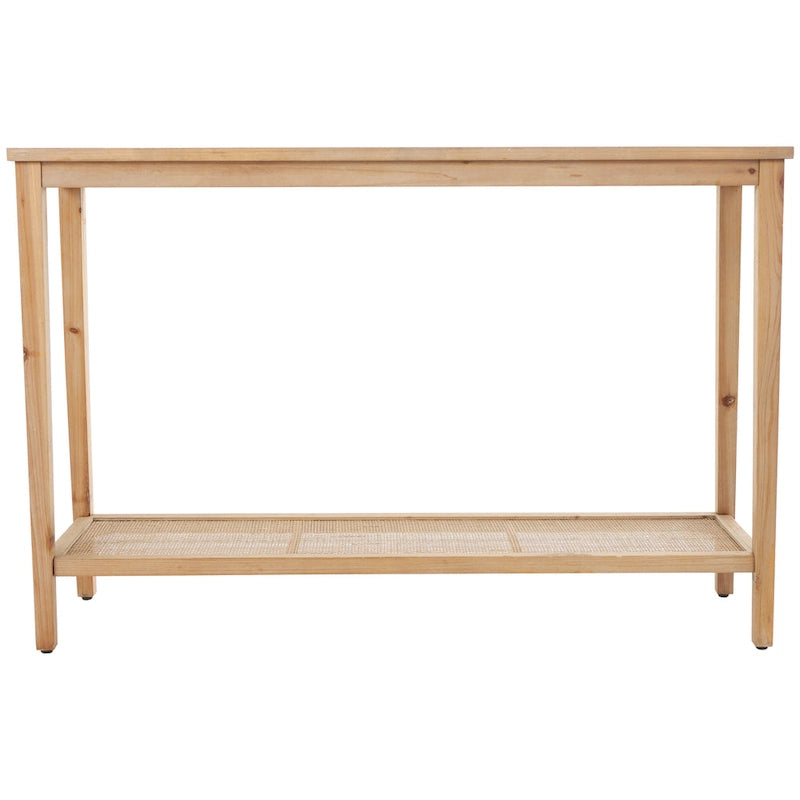 Console en bois naturel fin, 1 étagère, avec plateau en verre et étagère en rotin