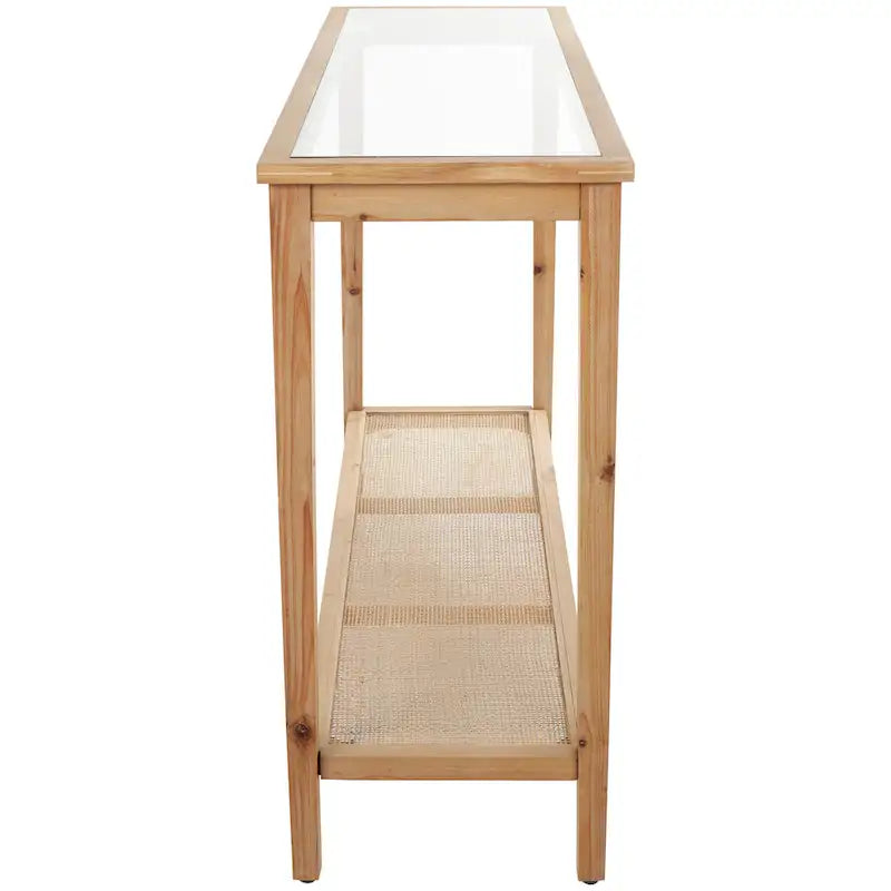 Console en bois naturel fin, 1 étagère, avec plateau en verre et étagère en rotin