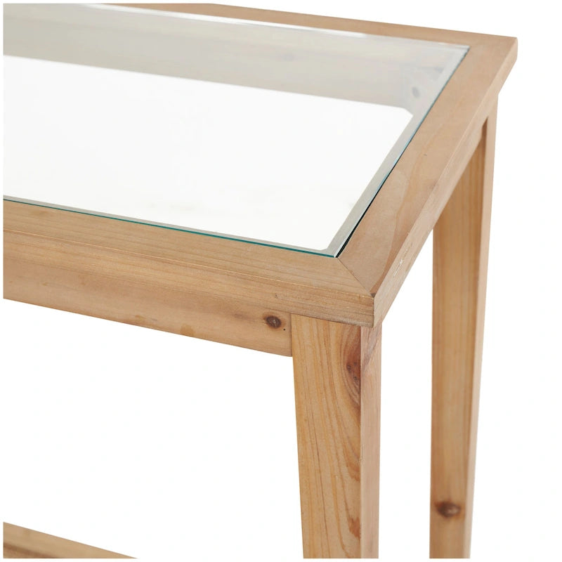 Console en bois naturel fin, 1 étagère, avec plateau en verre et étagère en rotin