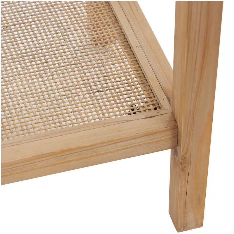 Console en bois naturel fin, 1 étagère, avec plateau en verre et étagère en rotin