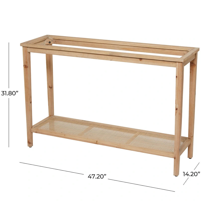 Console en bois naturel fin, 1 étagère, avec plateau en verre et étagère en rotin