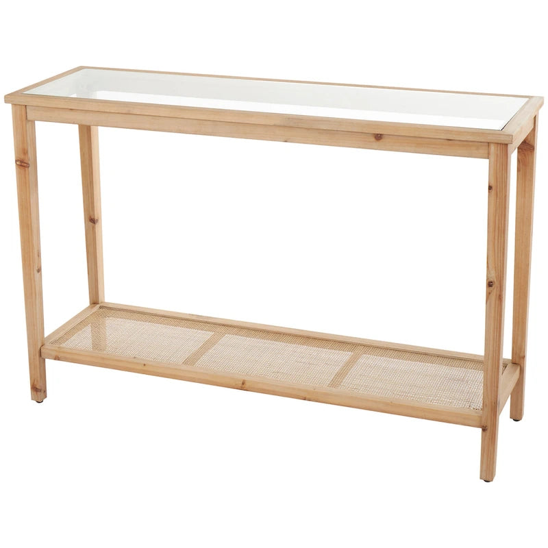 Console en bois naturel fin, 1 étagère, avec plateau en verre et étagère en rotin