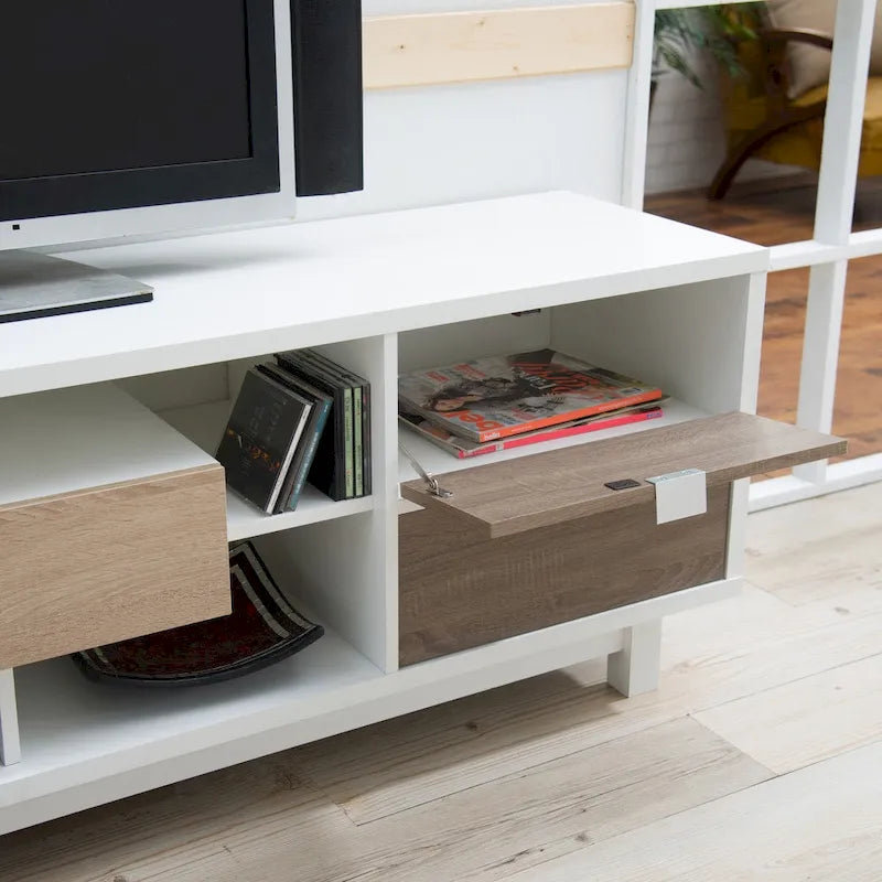 Meuble TV en bois blanc de style moderne du milieu du siècle avec deux tiroirs de 70 pouces